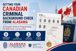 Canadian criminal background check guide showing FD-258 fingerprint cards, apostille certification documents, Canadian passport, and Alabama fingerprinting services for Canadian background checks.