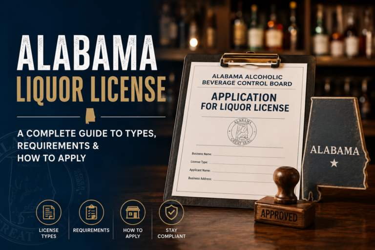 Professional featured image for an Alabama liquor license guide showing a liquor license application on a clipboard, approval stamp, Alabama state outline, and bar background with the text “Alabama Liquor License – A Complete Guide to Types, Requirements & How to Apply.