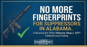 Graphic for Alabama Fingerprint Solutions showing a rifle with a suppressor and text explaining the 2026 Silencer Shop v ATF ruling removing fingerprint requirements.